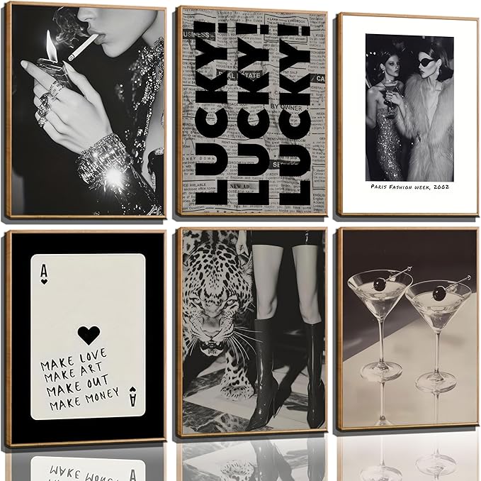 6pcs Trendy Leopard Wall Art Neutral Black And White Cheetah Paintings Martini Lucky Posters Prints Poker Preppy Fashion Luxury Wall Decor For Girly Bedroom Apartment Dorm Decoration(Unframed)
