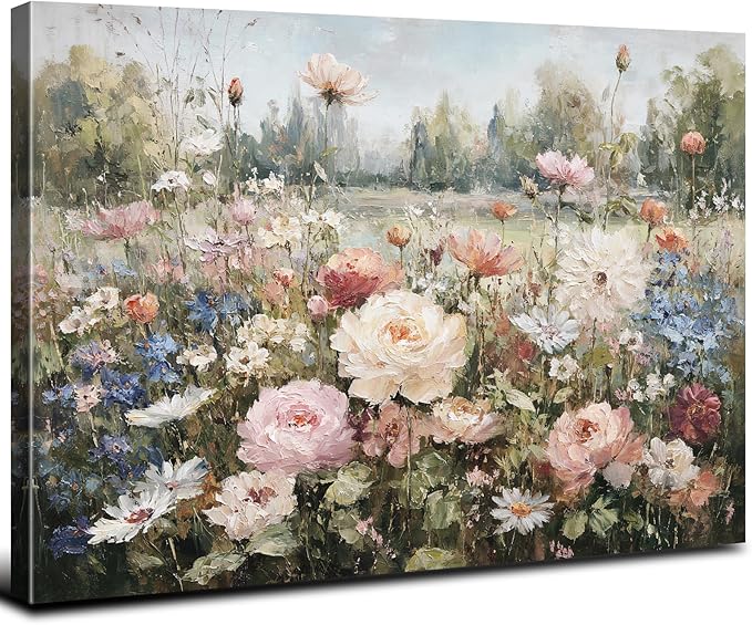 Flowers Wall Art Pink Roses Canvas Prints Painting Colorful Wildflowers Canvas Pictures Farmhouse Floral Landscape Wall Decor Botanical Artwork for Bedroom Bathroom Home Office Decorations 32x48"