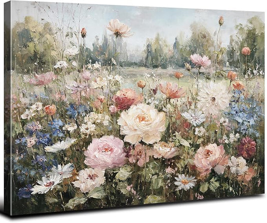 Vintage Floral Wall Art Colorful Flowers Wall Decor for Bedroom Retro Wildflowers Canvas Painting Rustic Farmhouse Flower Pictures Aesthetic Artwork for Living Room Bedroom Home Decoration 16x24"