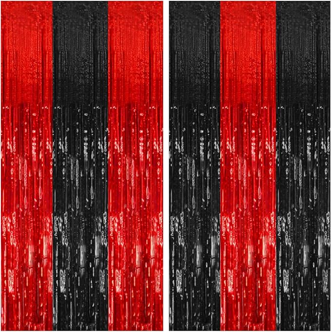 2 Pack Black and Red Backdrop Party Decorations Tinsel Curtain Halloween Party Streamer Foil Fringe Birthday Decorations Photo Booth Fancy Ball Christmas New Year Graduation Party Decor Decor