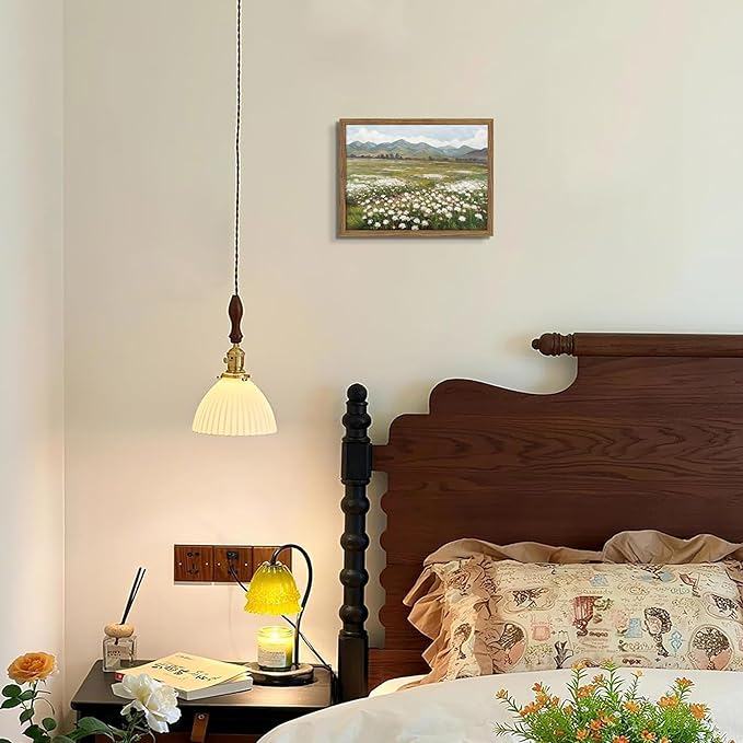 Framed Farmhouse Landscape Wall Art, Modern Country Flower Wall Decor, Vintage Wildflowers Mountain Canvas, Farm House Nature Pictures Print Artwork for Bedroom Living Room – 8x10 inch