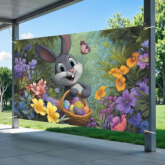 Happy Easter Backdrop 71" X 43" Happy Easter Day Banner Rabbit Party Decorations Bunny Photography Background