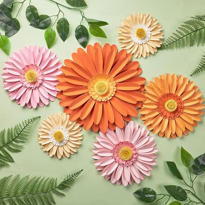 SUNBEAUTY Daisy Party Decorations, Paper Flowers, Party Decorations, Orange Yellow Flowers Wall Hanging, 1st Birthday Bridal Baby Shower Wedding Classroom Tea Party Daisy Décor 10" 8" 5" Pack of 6
