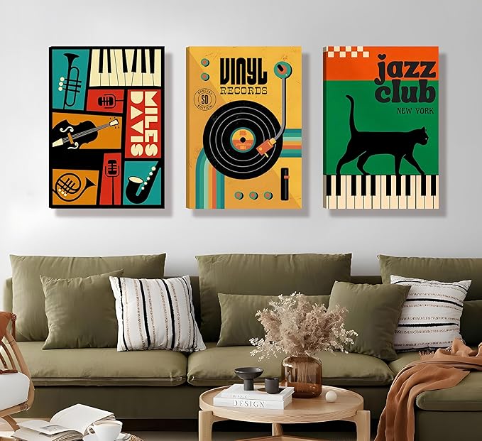 Framed 3pcs Retro Jazz Music Wall Art Vintage Vinyl Records Paintings Musical Instruments Black Cat on Piano Canvas Prints Poster for Living Room Bedroom Music Room Decoration