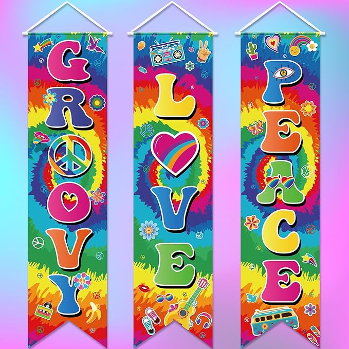 3 Pieces 60s Party Decorations Groovy Love Peace Banners Hippie Porch Signs 1960s Hanging Wall Decor for Retro 60s Theme Party Scene Setters Photography Backdrop Decorations Supplies