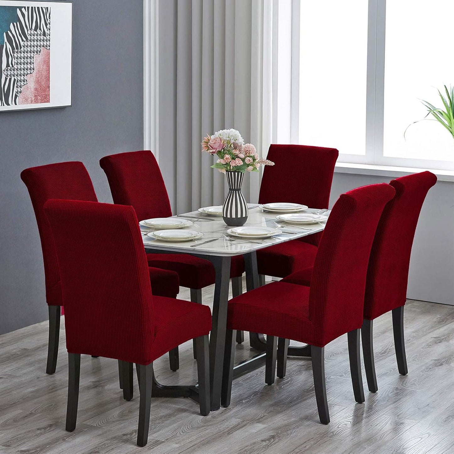 Howhic Stretch Chair Covers for Dining Room Set of 6, Removable Washable Dining Room Chair Covers, Dining Chair Slipcovers Seat Protector, Great Home Decor and Banquet Upholstery (Red Dahlia, 6 Pack)