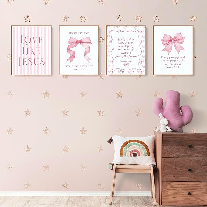 LARTSFRO Coquette Pink Bow Jesus Wall Art Decor Posters, Light Pink Bow Christian Room Bedroom Bathroom Dorm Wall Art Decor Aesthetic for College Teen Girls Gifts, Inspirational Bible Verses Bow Wall Decor, 10x8 Inch Set of 4 Bow Pictures (UNFRAMED)
