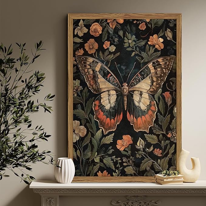 Framed Vintage Butterfly Wall Art, Dark Academia Flowers Insect Pictures Wall Decor Paintings, 3D Textured Sandstone Nature Botanical Prints for Living Room Bedroom Office Home Decor 16x24 inch