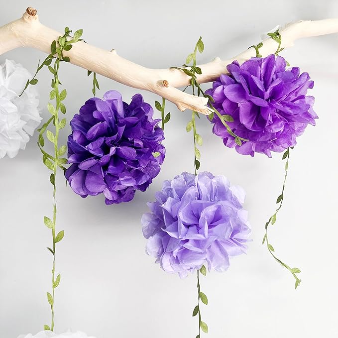 Ombre Purple White Party Decorations Lavender White Tissue Paper Flowers Pom Pom with Leaf Ribbon Hanging Garland Streamer for Birthday Baby Shower Bachelorette Wedding Lilac Violet Party Supplies