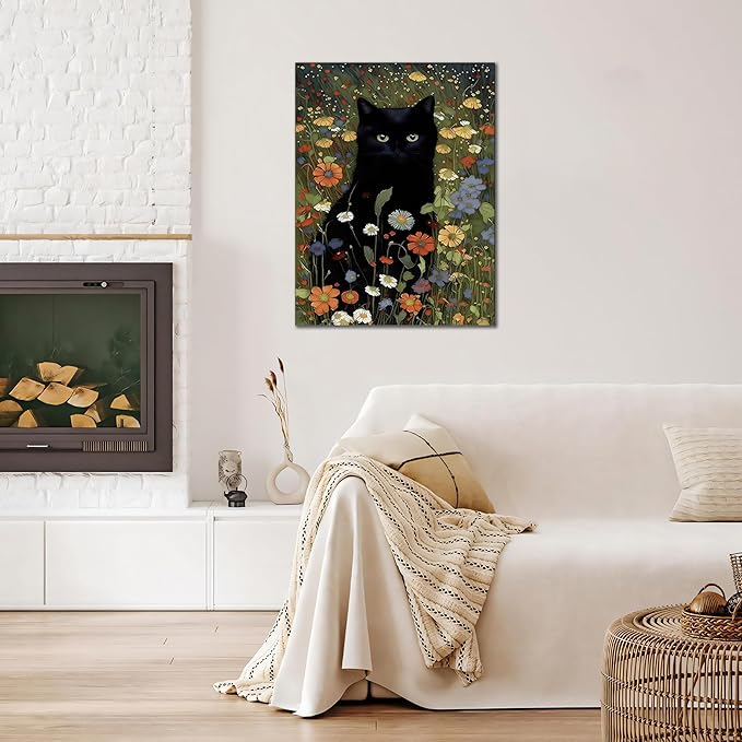 Framed Cat Canvas Wall Art, Funny Black Cat Picture Wall Decor, Animal In Garden Flowers Prints Poster for Bathroom Bedroom Living Room Gallery Decor 12x16 inch