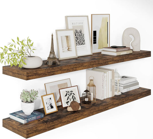 12" Deep Floating Shelves for Wall 48 Inches Long, Heavy Duty Wall Shelves for Bedroom Bathroom Kitchen Laundry Room, Farmhouse Rustic Shelves for Home Decor, 48" X 12" X 2" Set Of 2, Rustic Brown