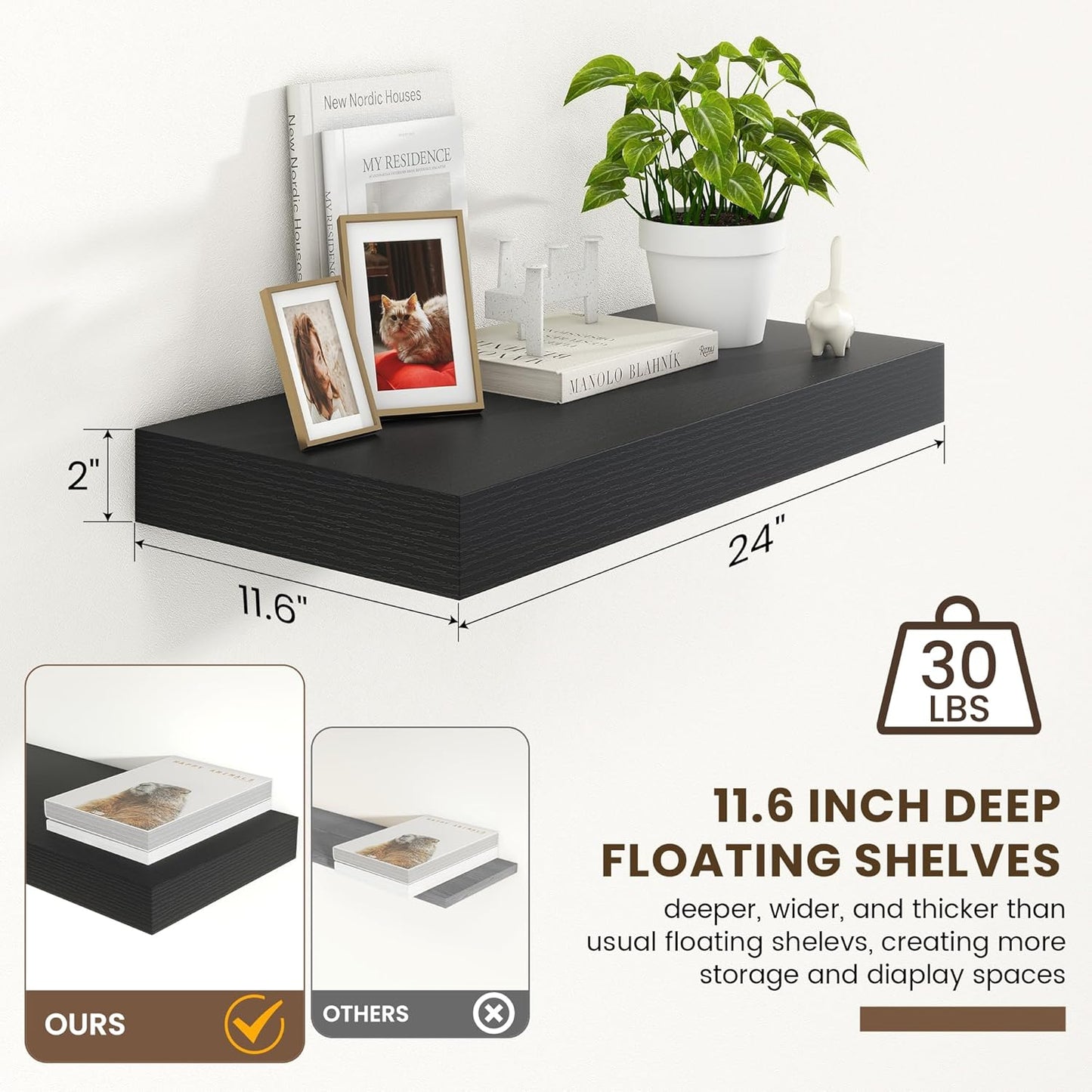 Deep Floating Shelves for Wall | 24 Inch Wide x 12 Inch Deep Black Floating Shelves | 24W x 12D Rustic Wood Wide Wall Shelves | Bookshelf Laundry Shelf TV Shelf