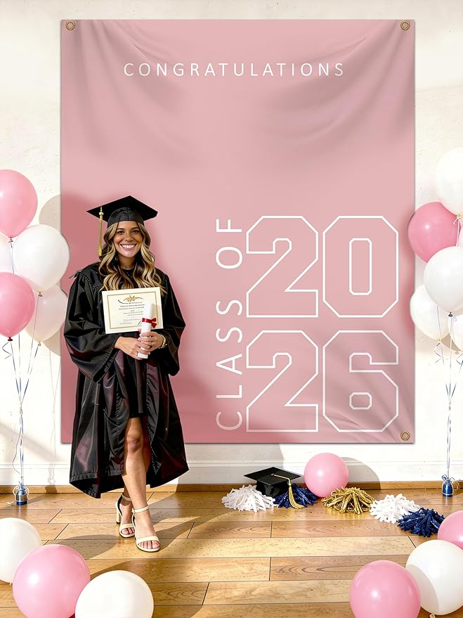 Class of 2026 Graduation Banner 5X6feet - Large CONGRATS GRAD Polyester Banner, Photo Backdrop & Wall Decor for Commencement Party Supplies, Pink and White Graduation Party Decorations for High School & College