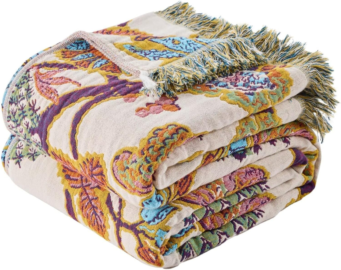Boho Throw Blanket for Bed, Sofa,Cozy Lightweight Fall Blanket,100% Cotton Southwestern Farmhouse Floral Decor, Reversible Rustic Blanket, Chair, Picnic Throw Blanket,50"x60"