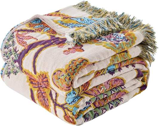 Boho Throw Blanket for Bed, Sofa,Cozy Lightweight Fall Blanket,100% Cotton Southwestern Farmhouse Floral Decor, Reversible Rustic Blanket, Chair, Picnic Throw Blanket,50"x60"