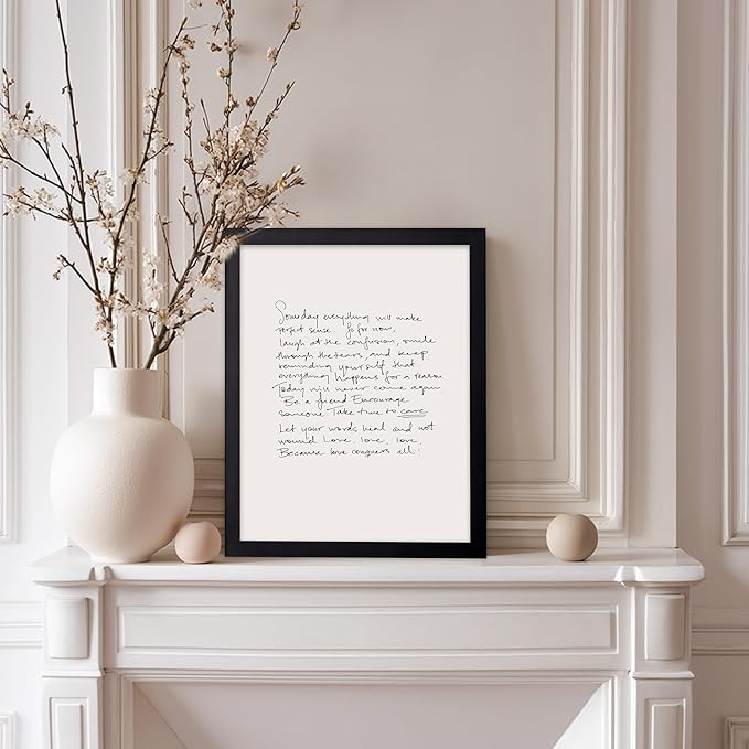 Poster Master Vintage Motivational Poster - Unique Print - Because Love Conquers All, Minimalist, Letter, Aesthetic - Gift for Artist, Friend - Wall Decor for Home, Office, 8x10 Black Framed