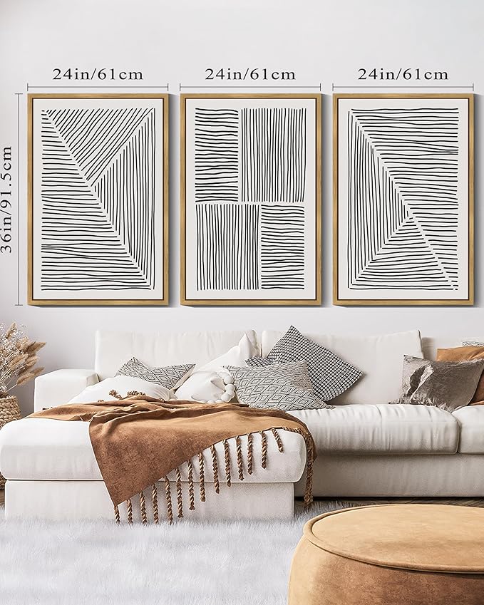 Drsoum Mid-Century Modern Framed Wall Art Large 24x36in Minimalist Abstract Boho Black Line Wall Decor Geometric Artwork Kitchen Dining Room Black Framed