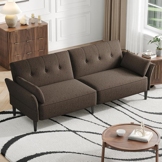 89” Futon Sofa Bed, Linen Comfy Futon Couch Bed with 2 Square Pillows, Convertible Sleeper Sofa with Adjustable Backrest& Armrests, Modern Loveseat Sleeper for Living Room, Bedroom, Brown