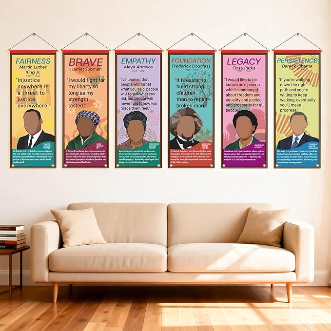 6 Pcs Black History Month Hanging Poster, Inspirational African American February Banner Decorations, Classroom Office School Home Party Celebration Decor for Wall Door Indoor Outdoor Supplies
