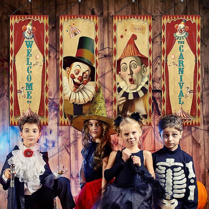 Tiamon 4 Pcs Vintage Christmas Halloween Carnival Porch Banners Retro Santa Clown Stretching Portraits Wall Decorations Gothic Porch Sign Backdrop for Xmas Indoor Outdoor Hanging Decor (Circus)