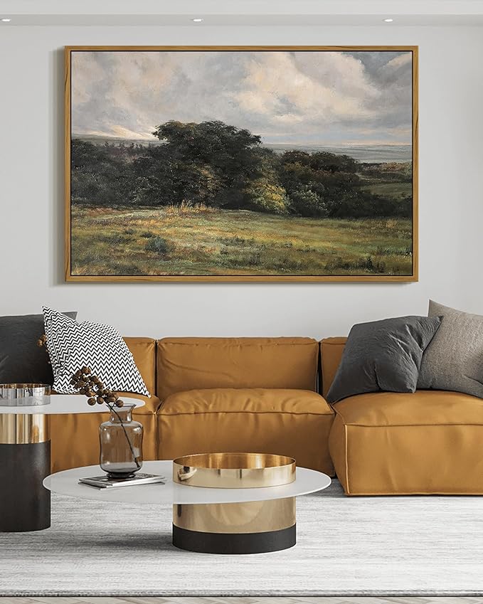 SHENIFY Vintage Landscape Framed Wall Art Rustic Countryside Meadow Farmhouse Decor Retro Vast Grassland Painting for Hallway Living Room Bedroom Dining Room - 24x36in Natural Framed