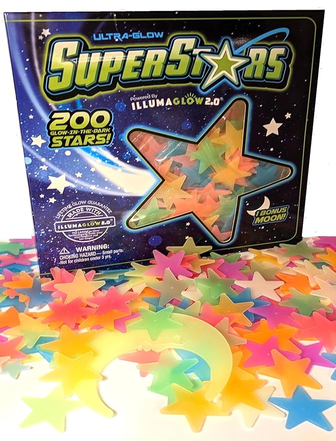 Glow in The Dark Stars - Includes Installation Material and Constellation Guide, 200 Glowstars and Bonus Moon, Only Glow Stars Stickers Powered by Our Trademarked Illumaglow2.0, Multi-Colored