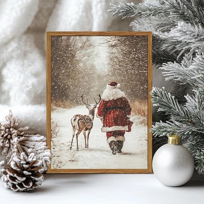 Framed Vintage Christmas Canvas Wall Art, Santa Claus Reindeer Snowy Forest Wall Decor Paintings, Rustic Winter Holiday Aesthetic Pictures Prints Xmas Home Decor for Living Room Bedroom 12×16 inch