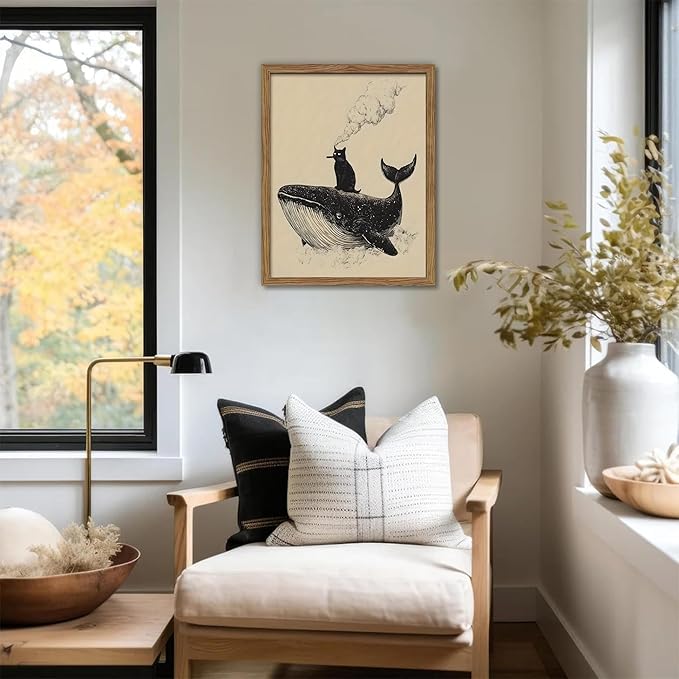 Framed Cat Wall Art, Funny Black Cat Riding a Whale Canvas, Vintage Abstract Oil Painting, Country Home Room Wall Decor, Humorous Pictures Artwork Prints for Living Room Bedroom – 8x10 inch