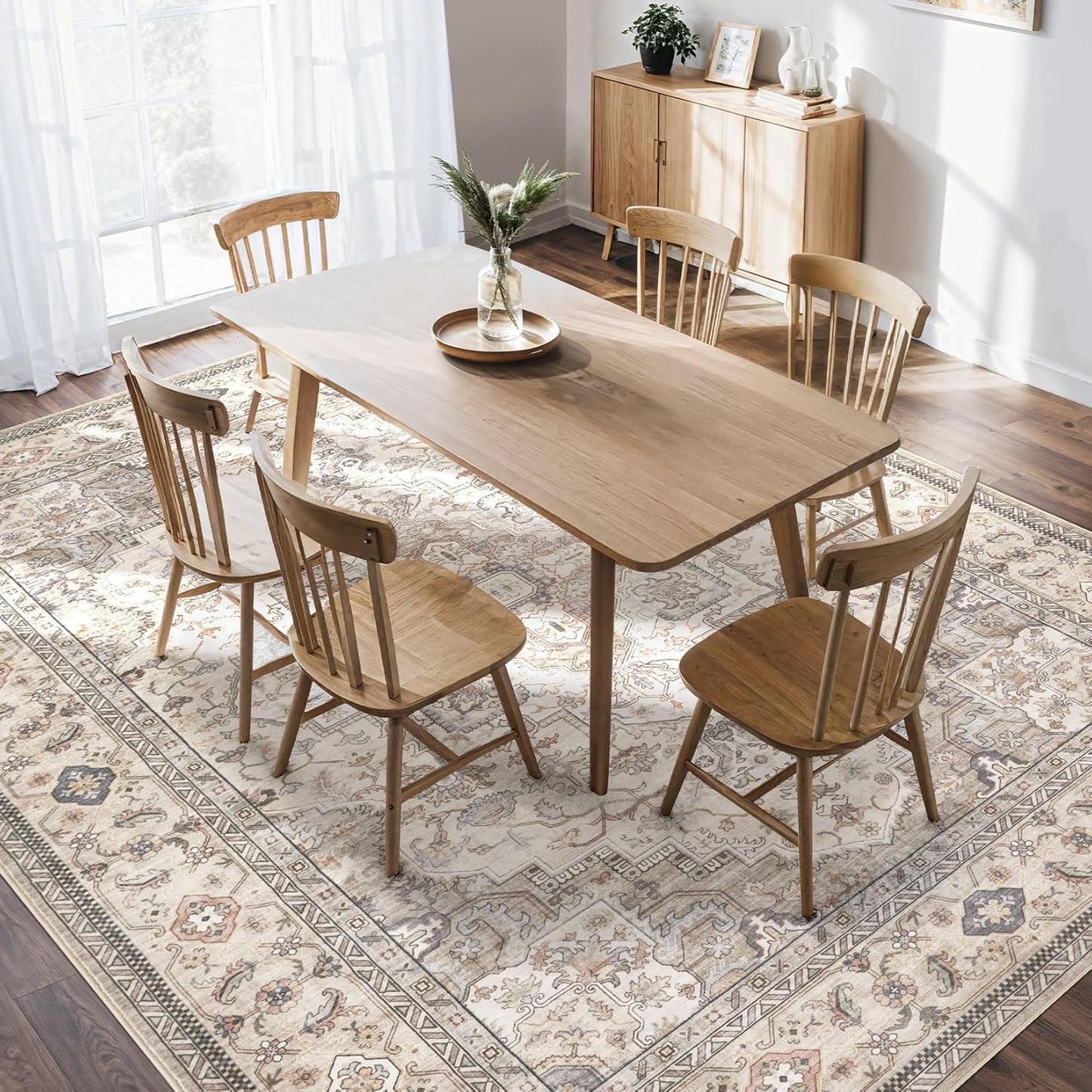 Washable Area Rugs for Living Room - 9x12 Neutral Vintage Distressed Floral Farmhouse Boho Large Soft Floor Rug Indoor Non Slip Carpet for Bedroom Dining Room Office - Brown/Multi