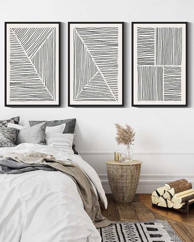 Drsoum Mid-Century Modern Framed Wall Art Large 16x24in Minimalist Abstract Boho Black Line Wall Decor Geometric Artwork Kitchen Dining Room Black Framed