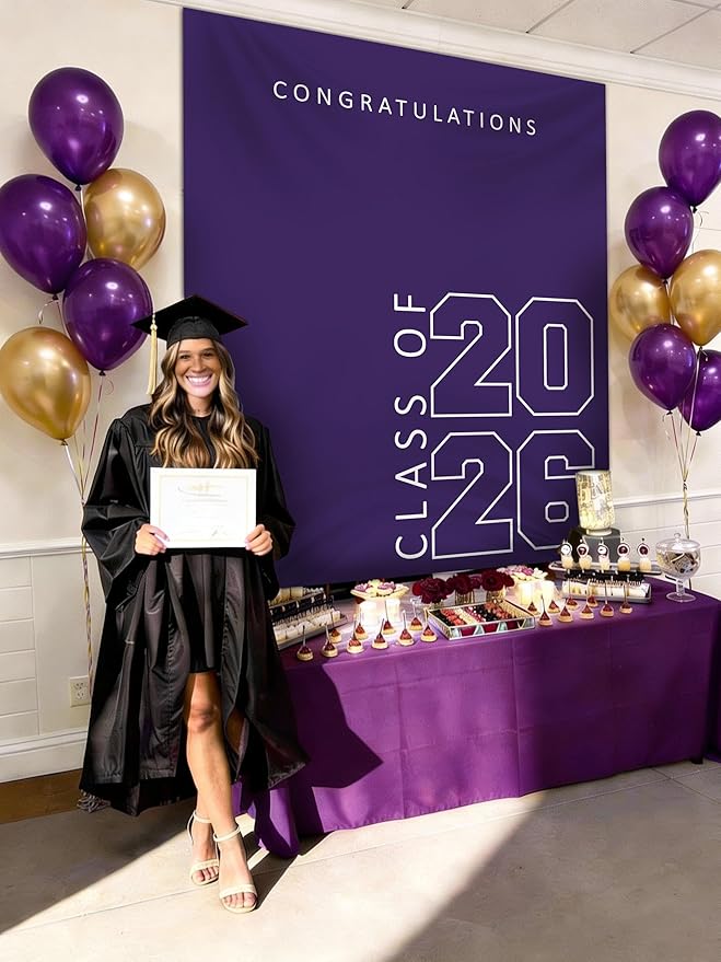 Class of 2026 Graduation Banner 5X6feet - Large CONGRATS GRAD Polyester Banner, Photo Backdrop & Wall Decor for Commencement Party Supplies, Purple and White Graduation Party Decorations for High School & College