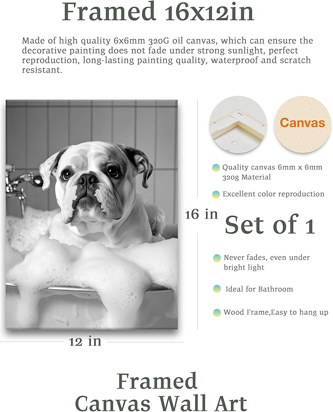 KensTro Funny Bathroom Wall Art Decor,12" x 16" Framed Canvas Bathroom Wall Art Picture,Black and White French Bulldog Dog Bathing Wall Art Animal Abstract Prints,Wall Decor for Kid's Room,1Pack Gift