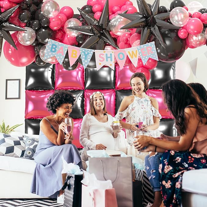 25pcs Black Pink Foil Square Balloon Wall With 139pcs Hot Pink Black Clear Balloon Arch Kit, Double Sided Balloon Tunnel for Birthday Anniversary Bridal Shower Party Decoration
