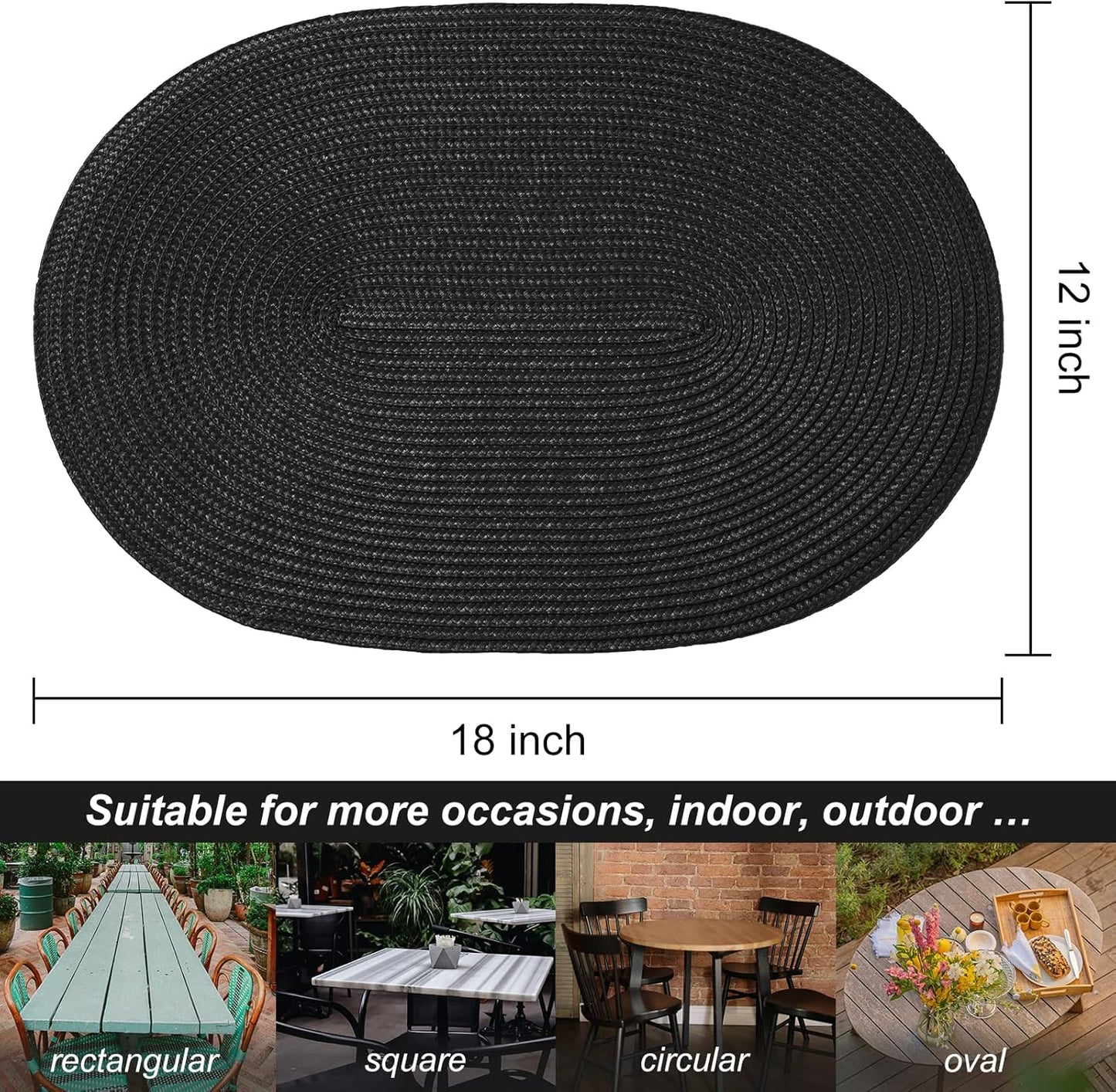 AHHFSMEI Placemats Set of 8 for Dining Table Washable Woven Vinyl Non-Slip 18x12 inches Placemat Heat-Resistant Durable Table Mats for Dining Table Easy to Clean (Black, 8)