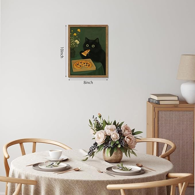 Framed Black Cat Wall Art, Cute The Cat Eating Pizza Canvas, Funny Kitchen Pictures Decor, Playful Food Lover Prints Artwork, Whimsical Animal Wall Decor for Kitchen Dining Room – 8x10 inch