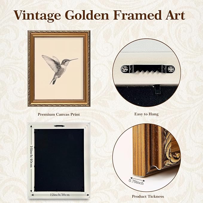 ASTRDECOR Framed Hummingbird Wall Art – Vintage Bird Sketch Painting Picture, Rustic Neutral Canvas Decor for Nursery, Bedroom & Living Room, Gifts for Friends or Family 12"x16"