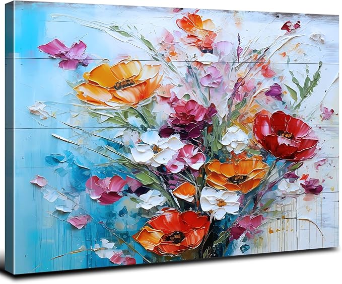 Large Wildflower Wall Art Rustic Colorful Flowers Canvas Picture for Bedroom Watercolor Floral Wall Decor Retro Poppy Flowers Prints Modern Bouquet Artwork Kitchen Living Room Home Decoration 24x36"