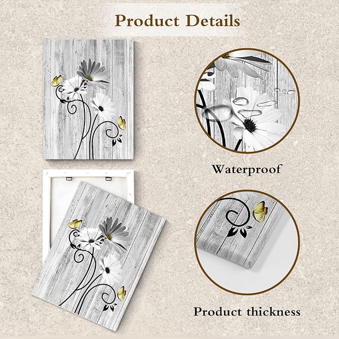 HVEST Grey Daisy Wall Art Vintage Floral and Butterfly on Rustic Wooden Canvas Wall Decor Farmhouse Plant Wall Art for Living Room Bathroom Bedroom Office Decor, 10Lx8W Inches