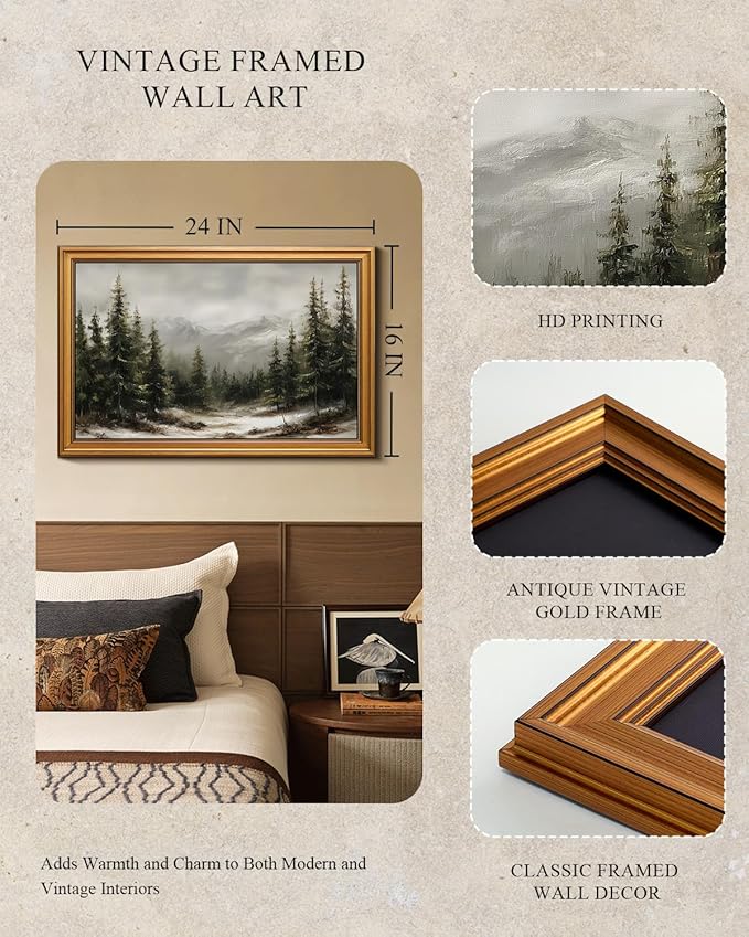 InSimSea Gold Framed Christmas Wall Art, Vintage Canvas Prints Decor, Winter Pine Forest Snowy Paintings Large Wall Decor, Rustic Pictures for Winter Xmas Holiday Decoration Gifts, 16x24inch
