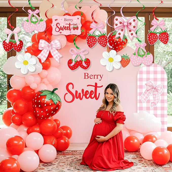 Pink Bow Strawberry Party Hanging Swirls Decorations, Berry Sweet Strawberry Theme Party Foil Ceiling Swirl for Summer Fruit Berry First 1st Birthday Girl Berry Sweet Baby Shower Wedding Bridal Shower