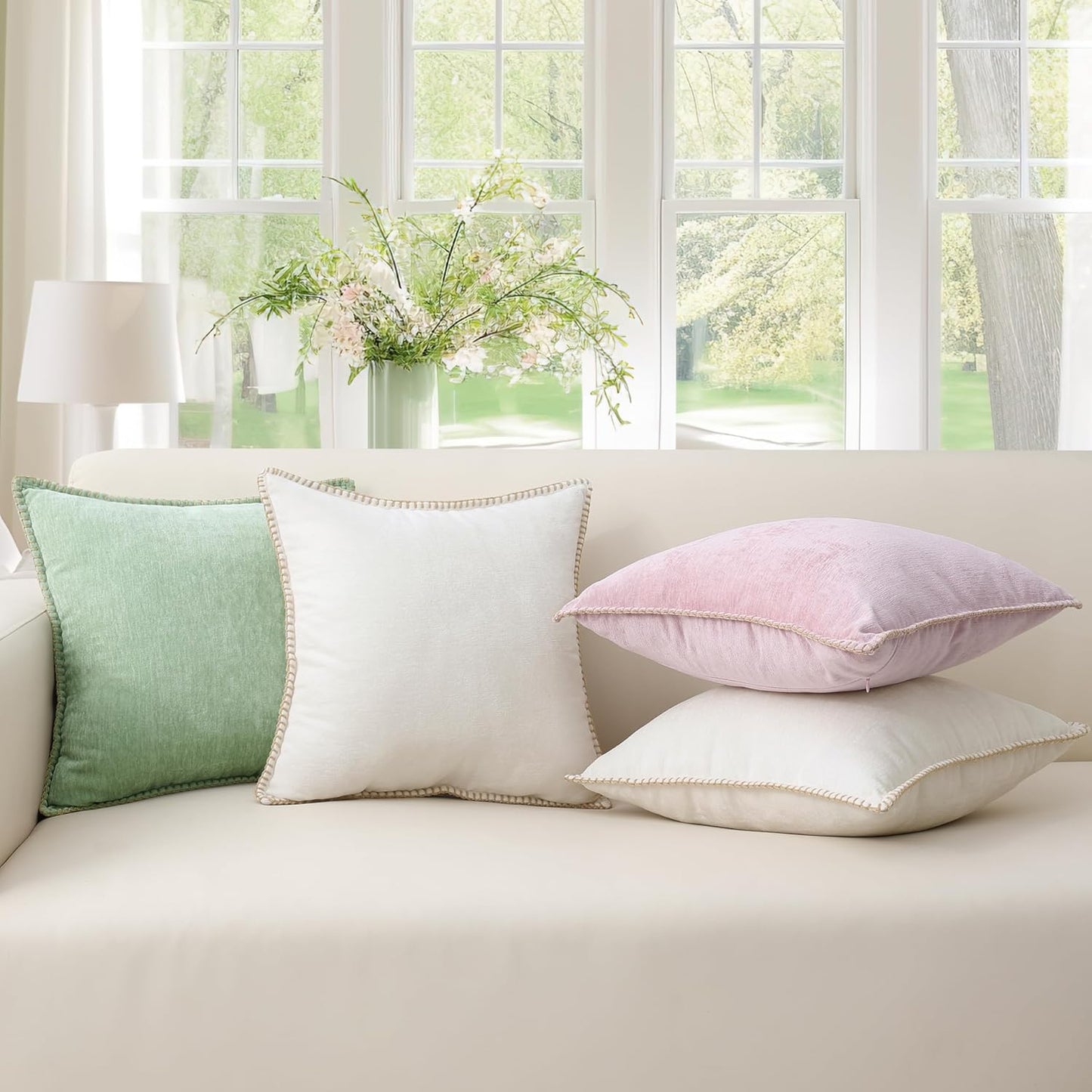 decorUhome Chenille Soft Throw Pillow Covers 24x24 Set of 2, Farmhouse Velvet Neutral Decorative Euro Pillow Covers with Stitched Edge for Couch Sofa Bed Home Decor, Sage Green