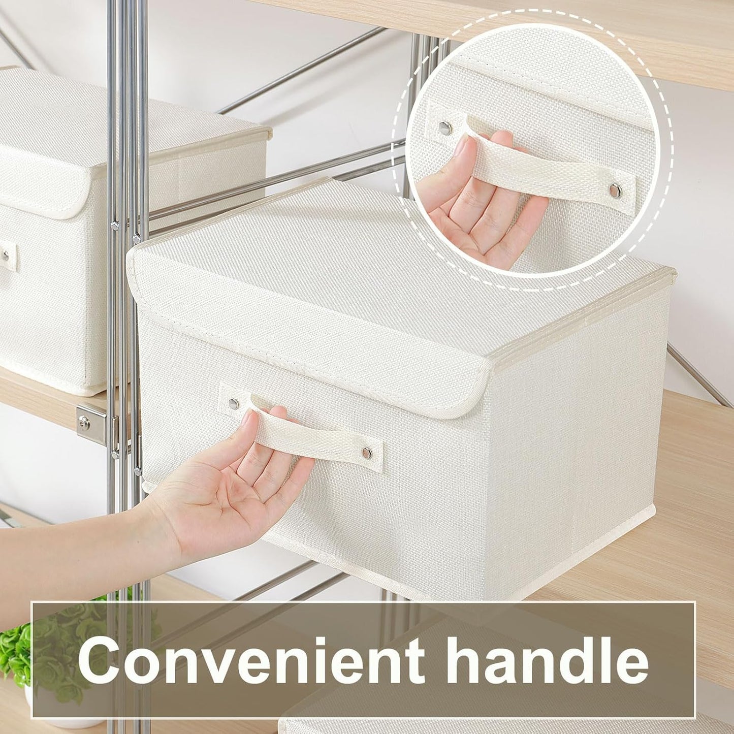 Storage Boxes, Collapsible Storage Bins with Lids, Cotton and linen cloth Storage Baskets with Handle, for Books, Closet, Bedroom, Home, 13x9.1x7.9 in, Beige
