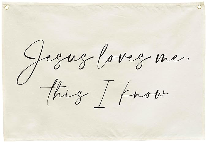 Christian Bible Verse Scripture Nursery Canvas Banner-Rectangular Flag Sign for Baby Boy Girl Kid,Bedroom Playroom Above Crib Decoration,Baby Shower Baptism Christmas Gift-Jesus Loves Me This I Know