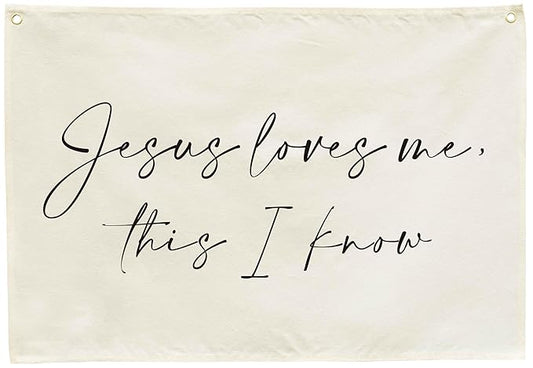 Christian Bible Verse Scripture Nursery Canvas Banner-Rectangular Flag Sign for Baby Boy Girl Kid,Bedroom Playroom Above Crib Decoration,Baby Shower Baptism Christmas Gift-Jesus Loves Me This I Know