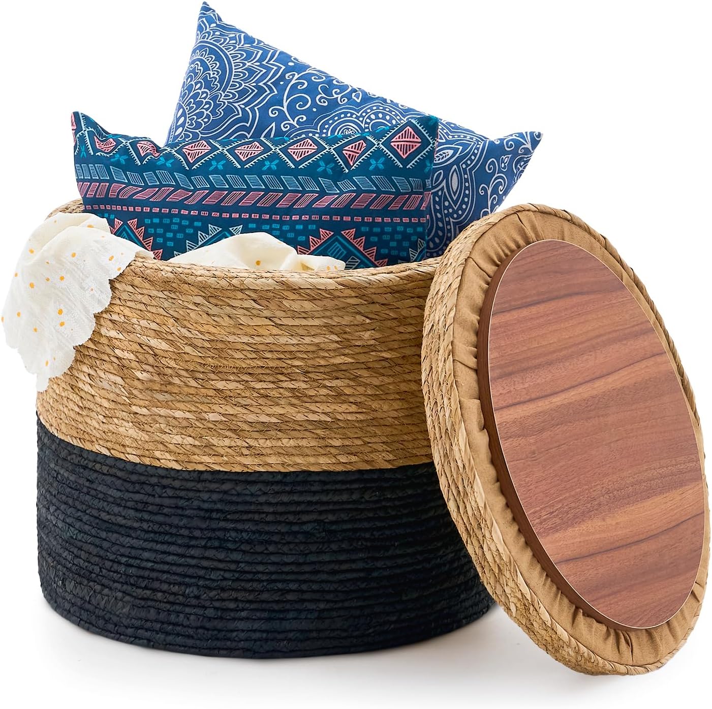 Wimarsbon 18'' Ottoman Pouf, Natural Braided Poof, Rustic Handweave Lounge Pouffe, Boho Footrest Stool for Bedroom, Accent Table for Living Room (Storage - 18inch Cattail+Black Corn Husk L)
