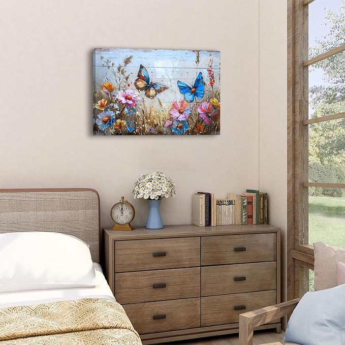 Butterfly Wall Art for Bedroom Colorful Wildflower Wall Decor Flowers Canvas Prints Pictures Farmhouse Bloom Floral Poster Abstract Nature Artwork Kitchen Living Room Home Decoration 16x24"