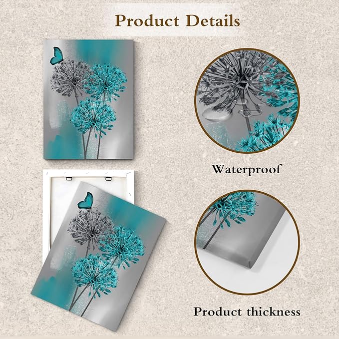 LB Teal Dandelion Canvas Wall Art Teal Grey Dandelion with Butterfly on Modern Abstract Wall Art Aesthetic Wall Decor for Living Room Bedroom Bathroom Office, Framed Ready to Hang 16Lx12W