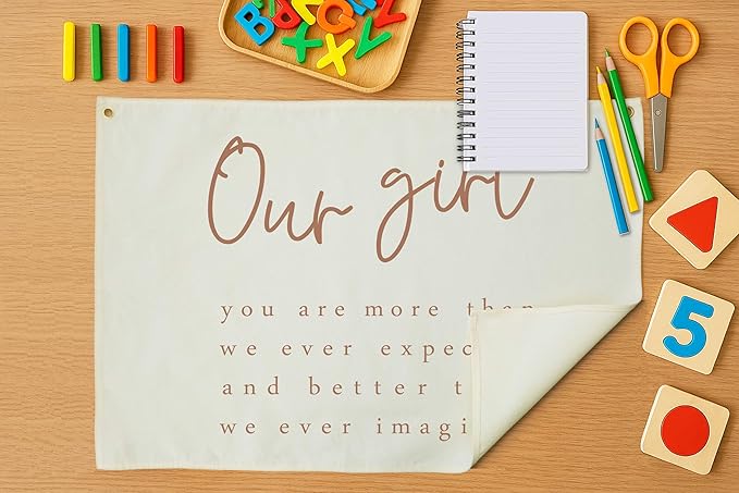 Nursery Rectangular Hanging Canvas Banner Wall Decor for Nursery Bedroom Playroom Decor,Poster Flag Sign Art for Baby Girl Kids Teen,Baby Shower Birthday Christmas Gift-Our Girl You Are More Than