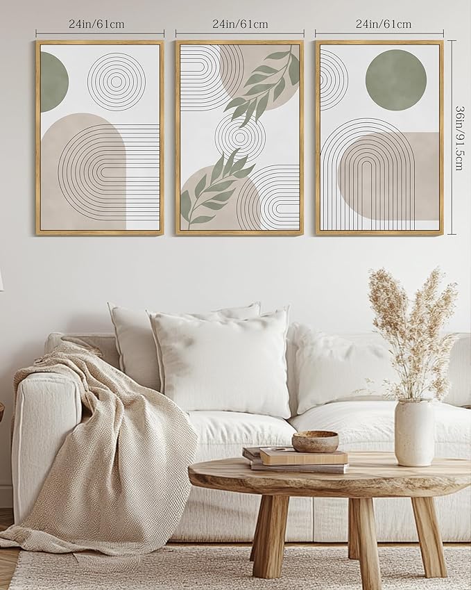 Drsoum Green Botanical Boho Wall Art Framed Modern Bohemian Sage Wall Decor Abstract Geometry Lines Prints Ready to Hang 24x36in Natural Framed