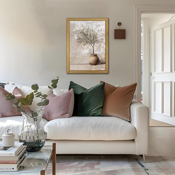 Vintage Olive Tree Canvas Wall Art, Farmhouse Aesthetic Oil Painting, Rustic Potted Plant Wall Decor, Neutral Botanical Print Artwork Picture for Living Room Kitchen Home Decor 16x24 Inch Framed